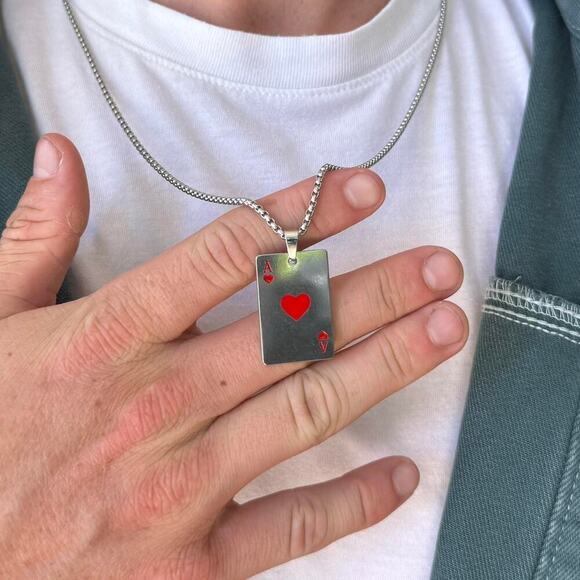 Y2K Silver Red Ace of Hearts Necklace Gothic Punk Pendant Unisex Statement New - Picture 4 of 7